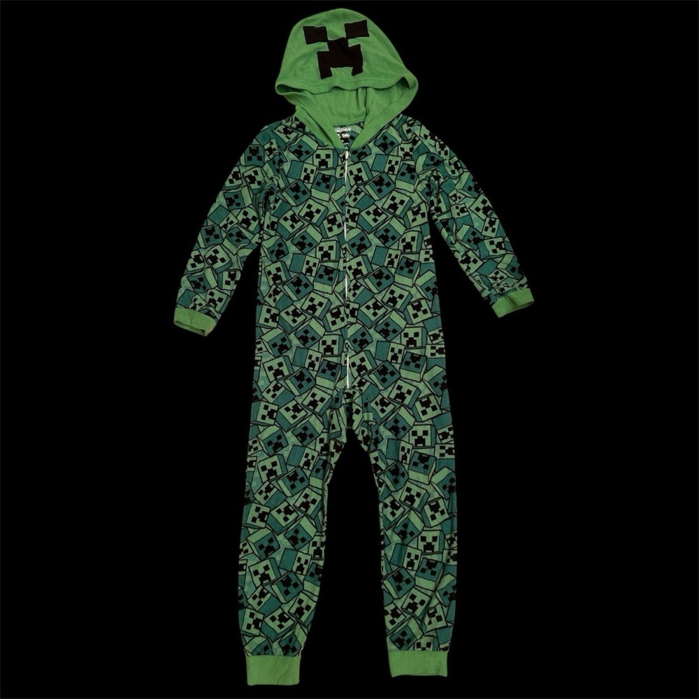Minecraft Creeper Boys Hooded Fleece 1 Piece Pajama Small Green Flame Resistant